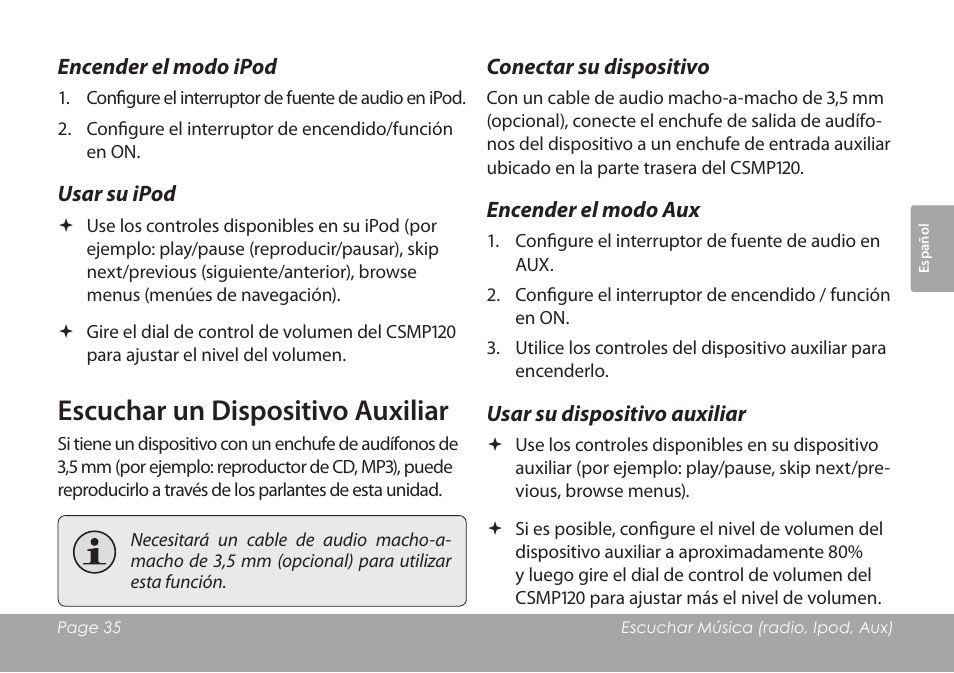 Encender el modo ipod, Usar su ipod, Escuchar un dispositivo auxiliar | Conectar su dispositivo, Encender el modo aux, Usar su dispositivo auxiliar | COBY electronic CSMP120 User Manual | Page 35 / 72