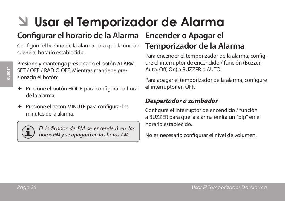 Usar el temporizador de alarma, Configurar el horario de la alarma, Encender o apagar el temporizador de la alarma | Despertador a zumbador | COBY electronic CSMP120 User Manual | Page 36 / 72