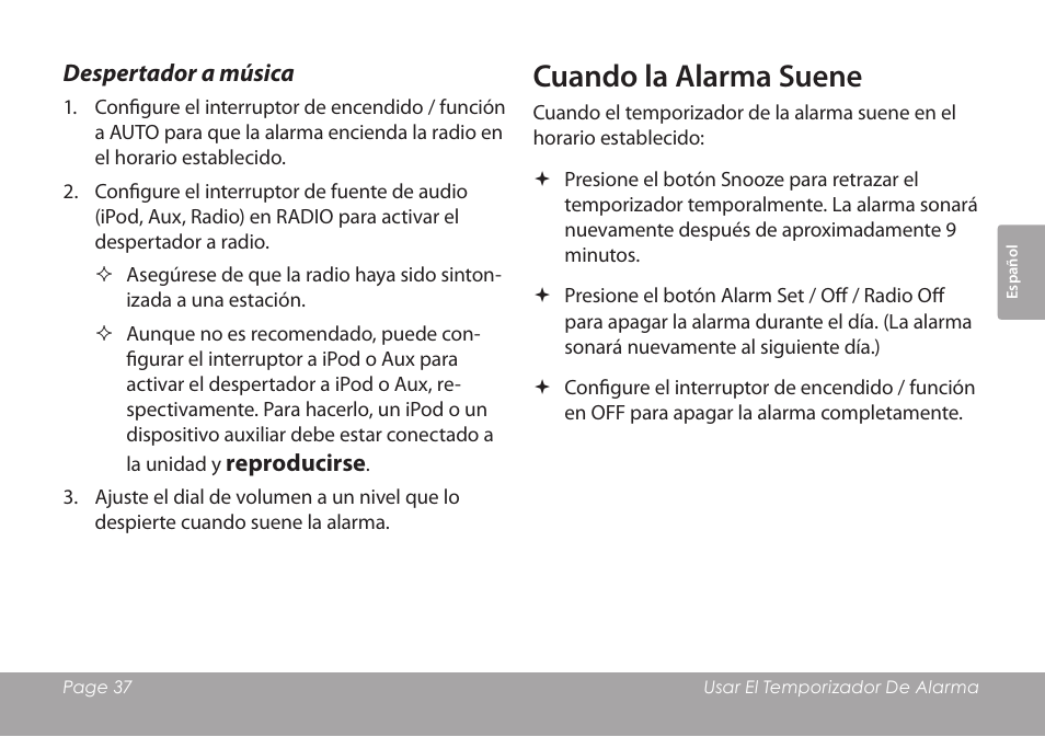 Despertador a música, Cuando la alarma suene | COBY electronic CSMP120 User Manual | Page 37 / 72