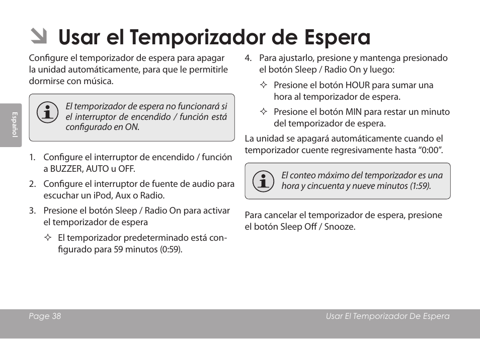 Usar el temporizador de espera | COBY electronic CSMP120 User Manual | Page 38 / 72