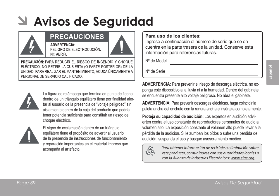 Avisos de seguridad | COBY electronic CSMP120 User Manual | Page 39 / 72
