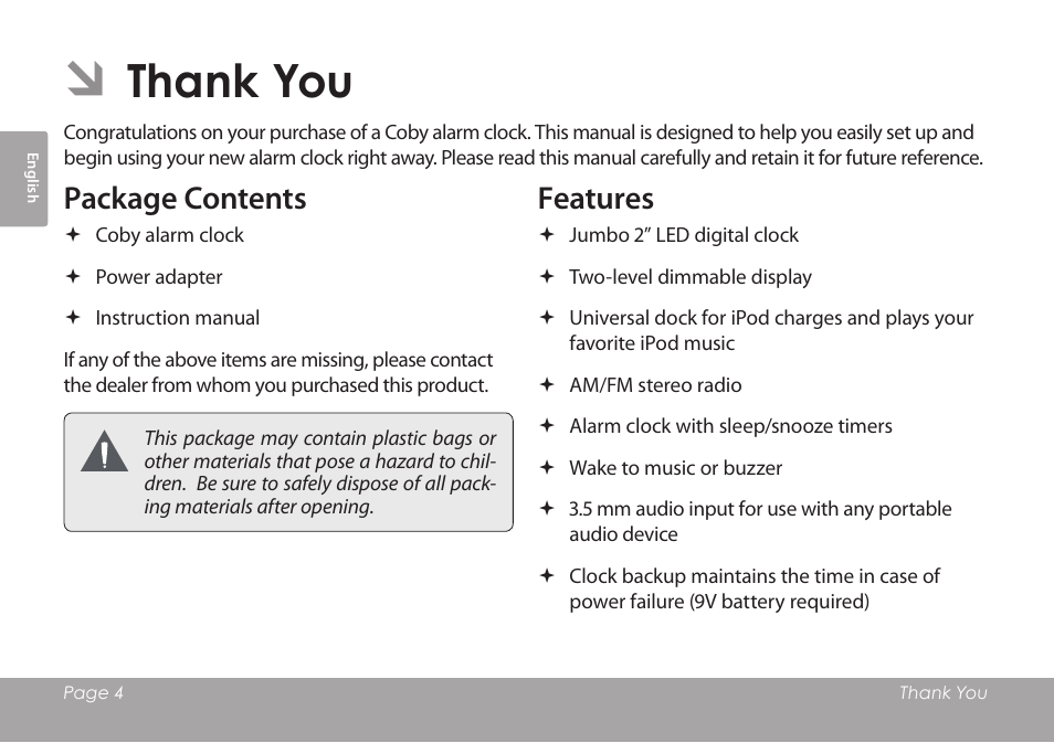 Thank you, Package contents, Features | COBY electronic CSMP120 User Manual | Page 4 / 72