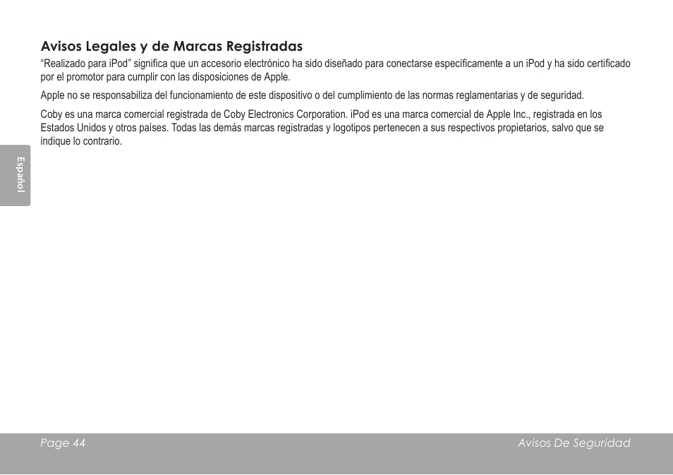 Avisos legales y de marcas registradas | COBY electronic CSMP120 User Manual | Page 44 / 72