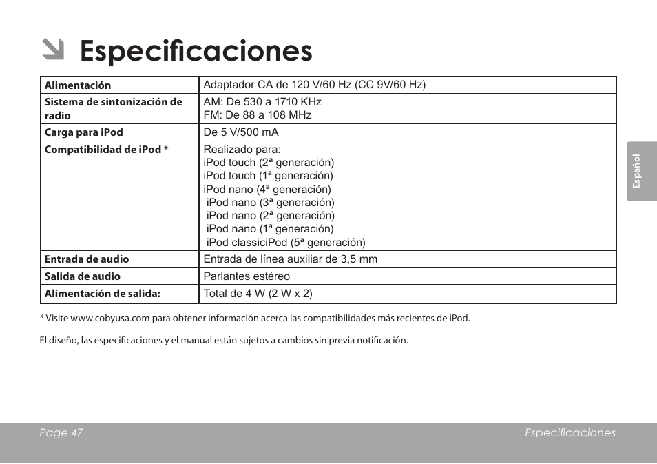 Especificaciones | COBY electronic CSMP120 User Manual | Page 47 / 72