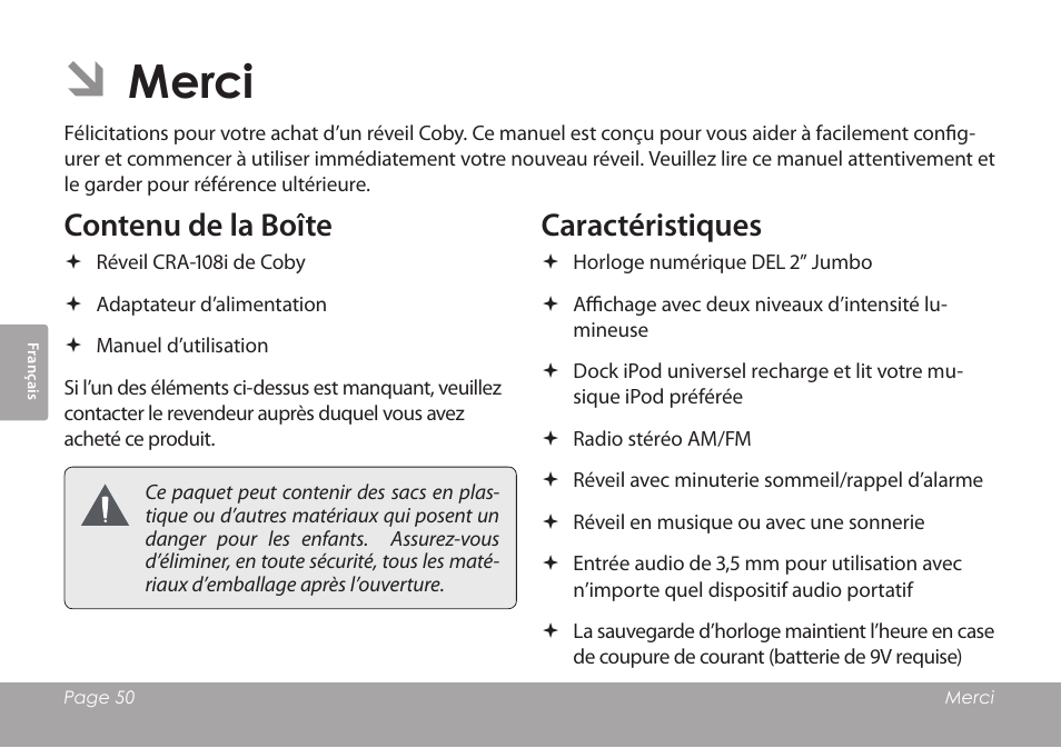 Merci, Contenu de la boîte, Caractéristiques | COBY electronic CSMP120 User Manual | Page 50 / 72