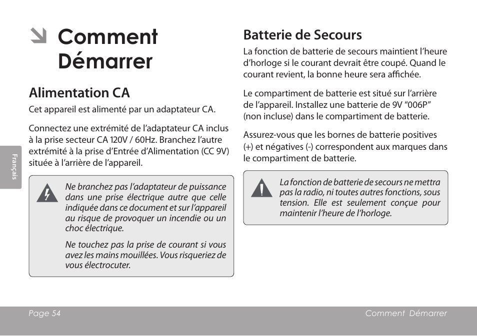 Comment démarrer, Alimentation ca, Batterie de secours | Comment, Démarrer | COBY electronic CSMP120 User Manual | Page 54 / 72