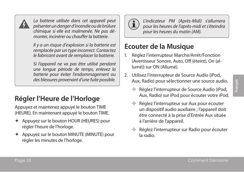 Régler l’heure de l’horloge, Ecouter de la musique | COBY electronic CSMP120 User Manual | Page 55 / 72