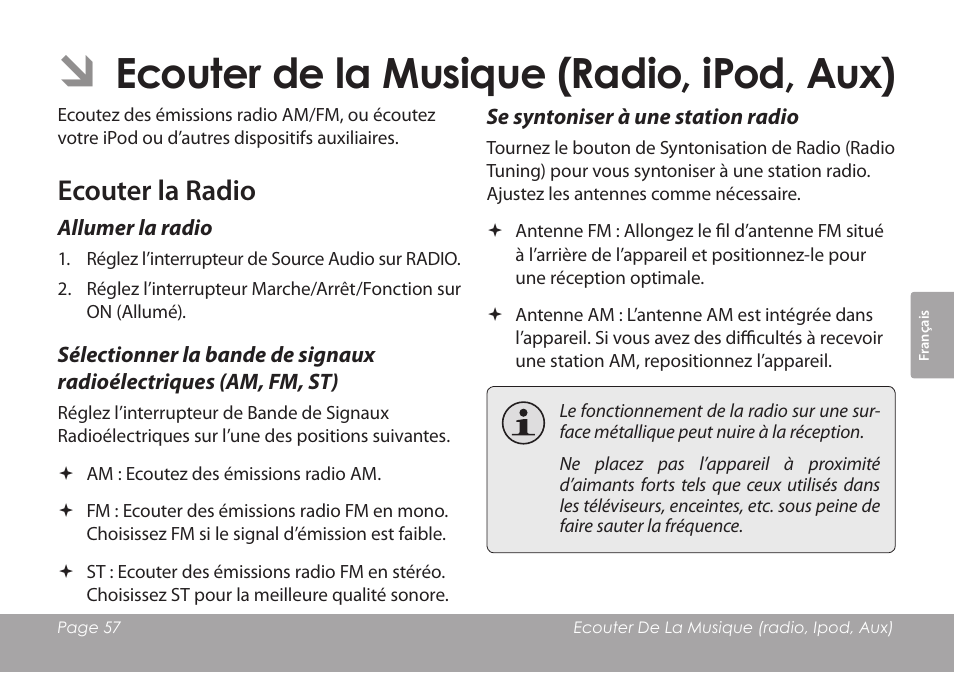 Ecouter de la musique (radio, ipod, aux), Ecouter la radio, Allumer la radio | Se syntoniser à une station radio | COBY electronic CSMP120 User Manual | Page 57 / 72