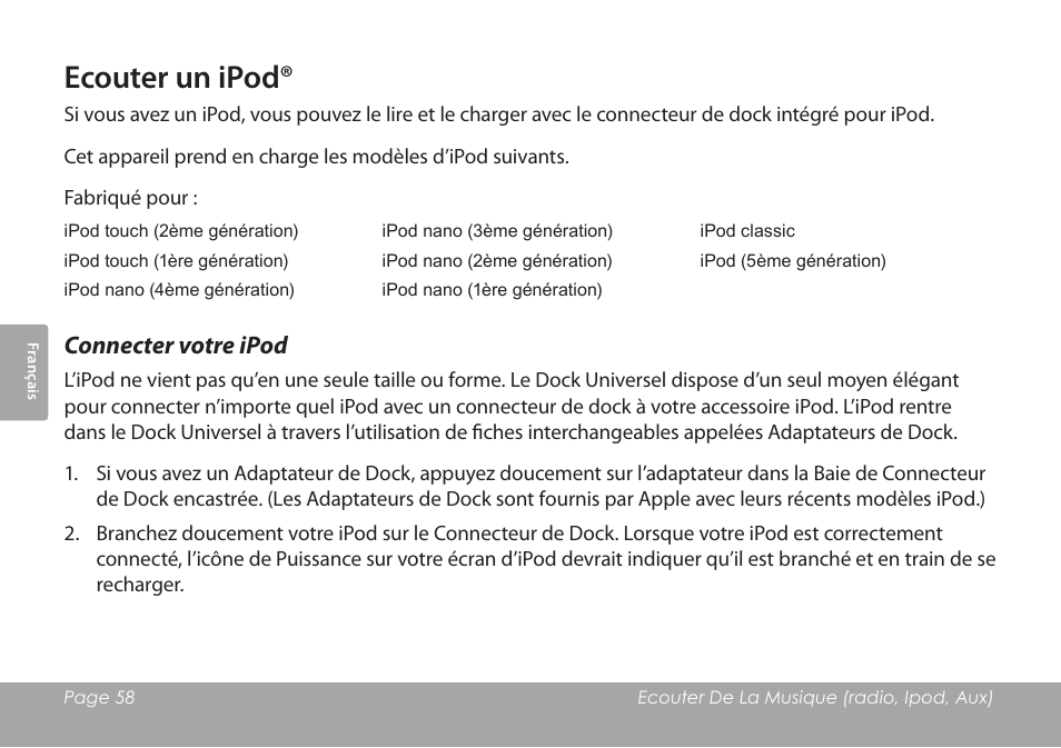 Ecouter un ipod, Connecter votre ipod | COBY electronic CSMP120 User Manual | Page 58 / 72