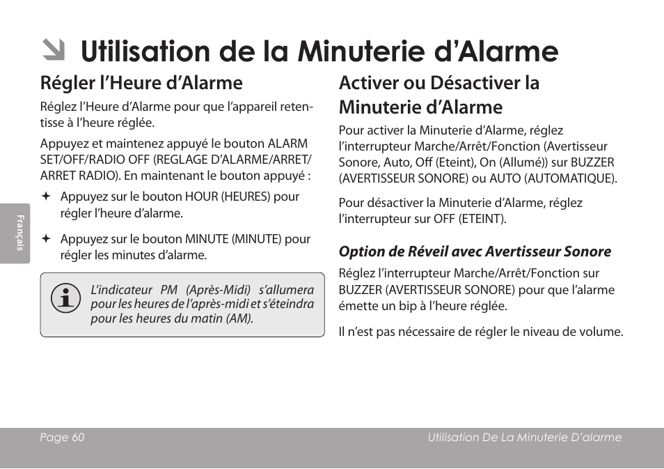 Utilisation de la minuterie d’alarme, Régler l’heure d’alarme, Activer ou désactiver la minuterie d’alarme | Option de réveil avec avertisseur sonore | COBY electronic CSMP120 User Manual | Page 60 / 72