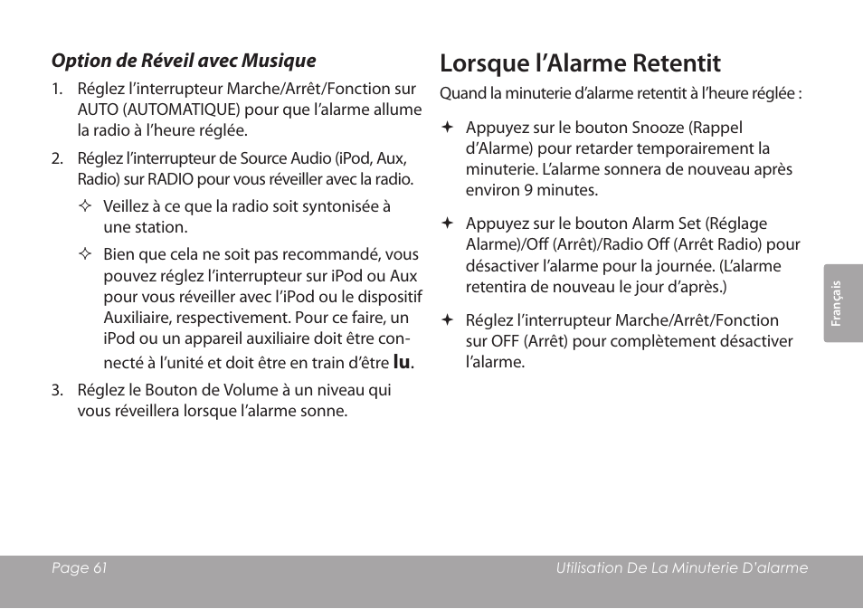 Option de réveil avec musique, Lorsque l’alarme retentit | COBY electronic CSMP120 User Manual | Page 61 / 72