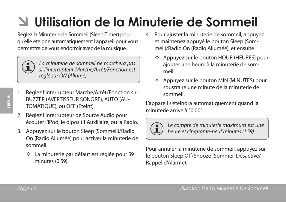 Utilisation de la minuterie de sommeil | COBY electronic CSMP120 User Manual | Page 62 / 72