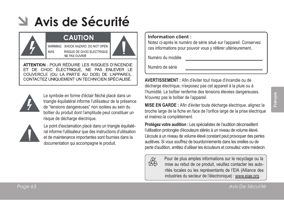 Avis de sécurité | COBY electronic CSMP120 User Manual | Page 63 / 72