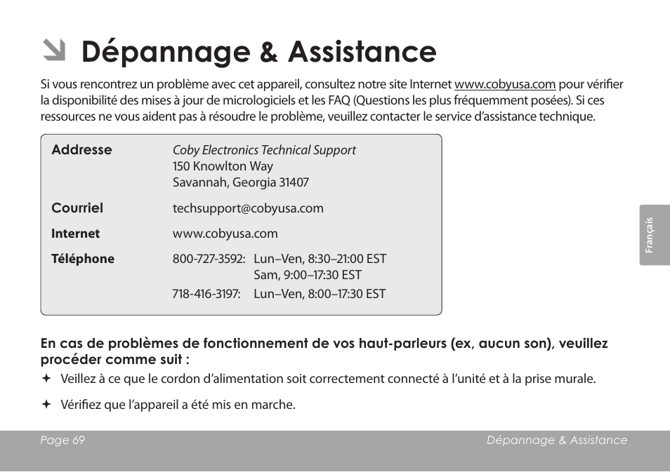 Dépannage & assistance | COBY electronic CSMP120 User Manual | Page 69 / 72