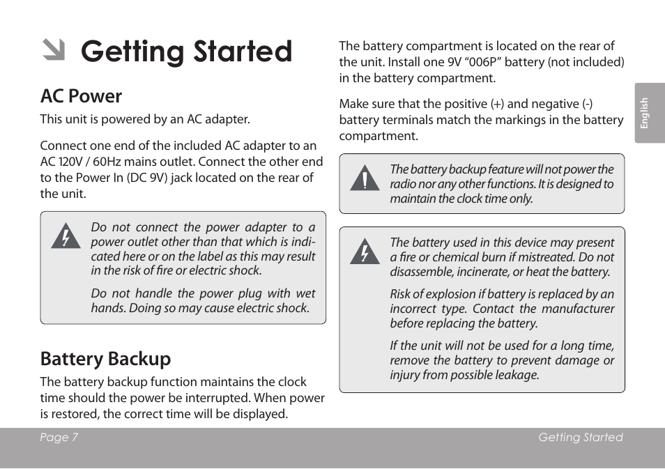 Getting started, Ac power, Battery backup | COBY electronic CSMP120 User Manual | Page 7 / 72