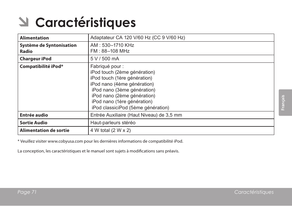 Caractéristiques | COBY electronic CSMP120 User Manual | Page 71 / 72