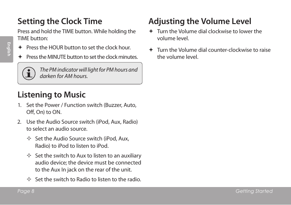 Setting the clock time, Listening to music, Adjusting the volume level | COBY electronic CSMP120 User Manual | Page 8 / 72