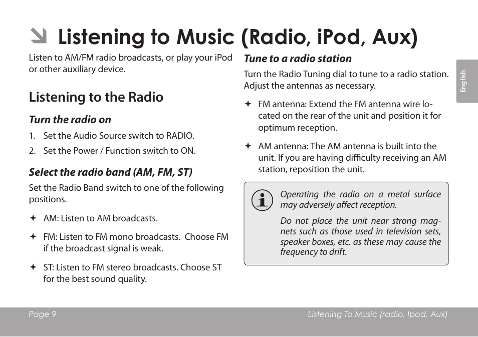 Listening to music (radio, ipod, aux), Listening to the radio, Turn the radio on | Select the radio band (am, fm, st), Tune to a radio station | COBY electronic CSMP120 User Manual | Page 9 / 72