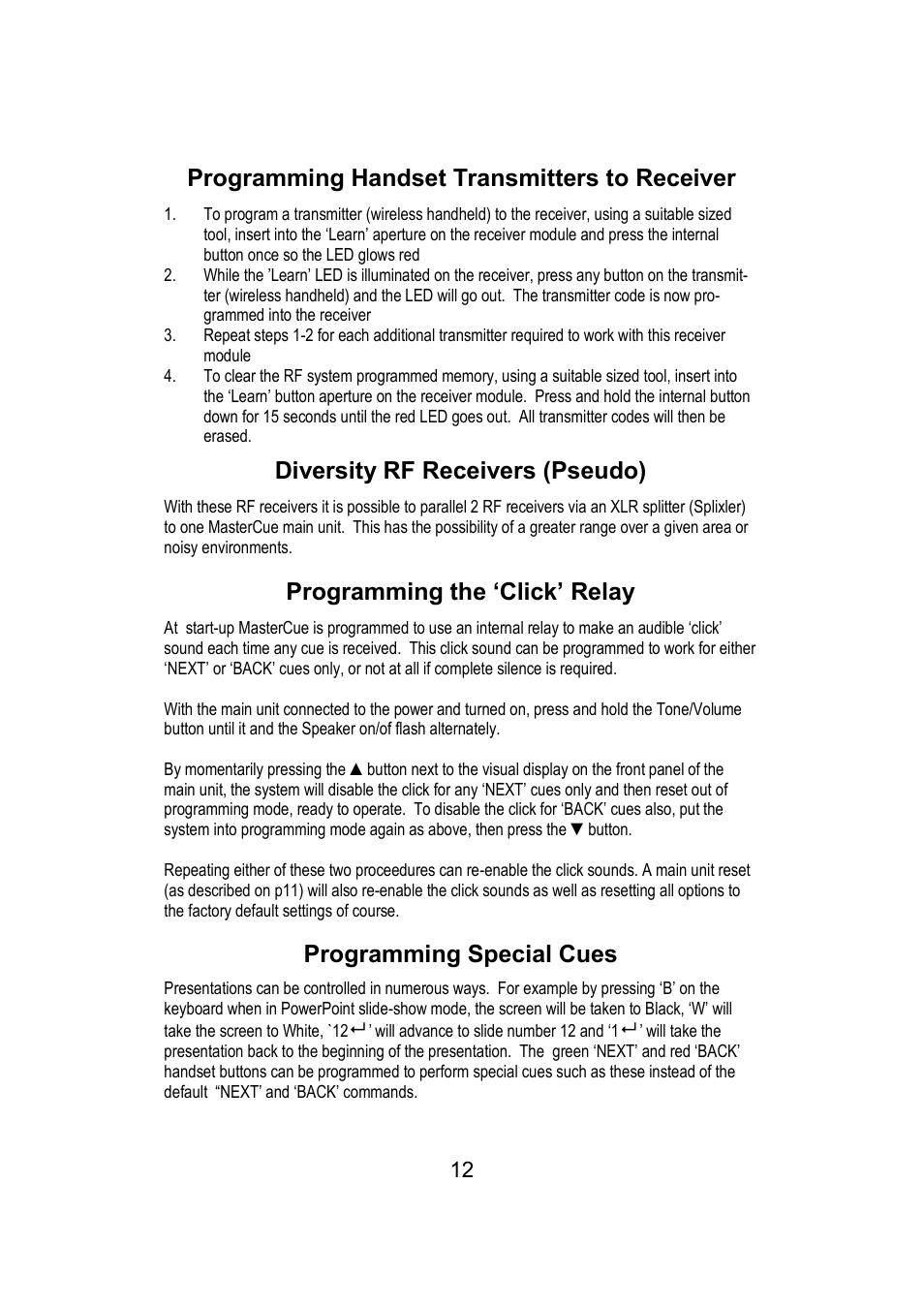 Programming handset transmitters to receiver, Diversity rf receivers (pseudo), Programming the ‘click’ relay | Programming special cues | Interspace Industries MasterCue V6 System User Manual | Page 12 / 16
