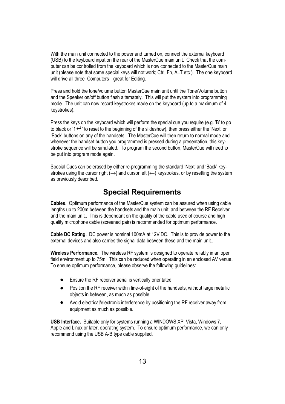 Special requirements | Interspace Industries MasterCue V6 System User Manual | Page 13 / 16