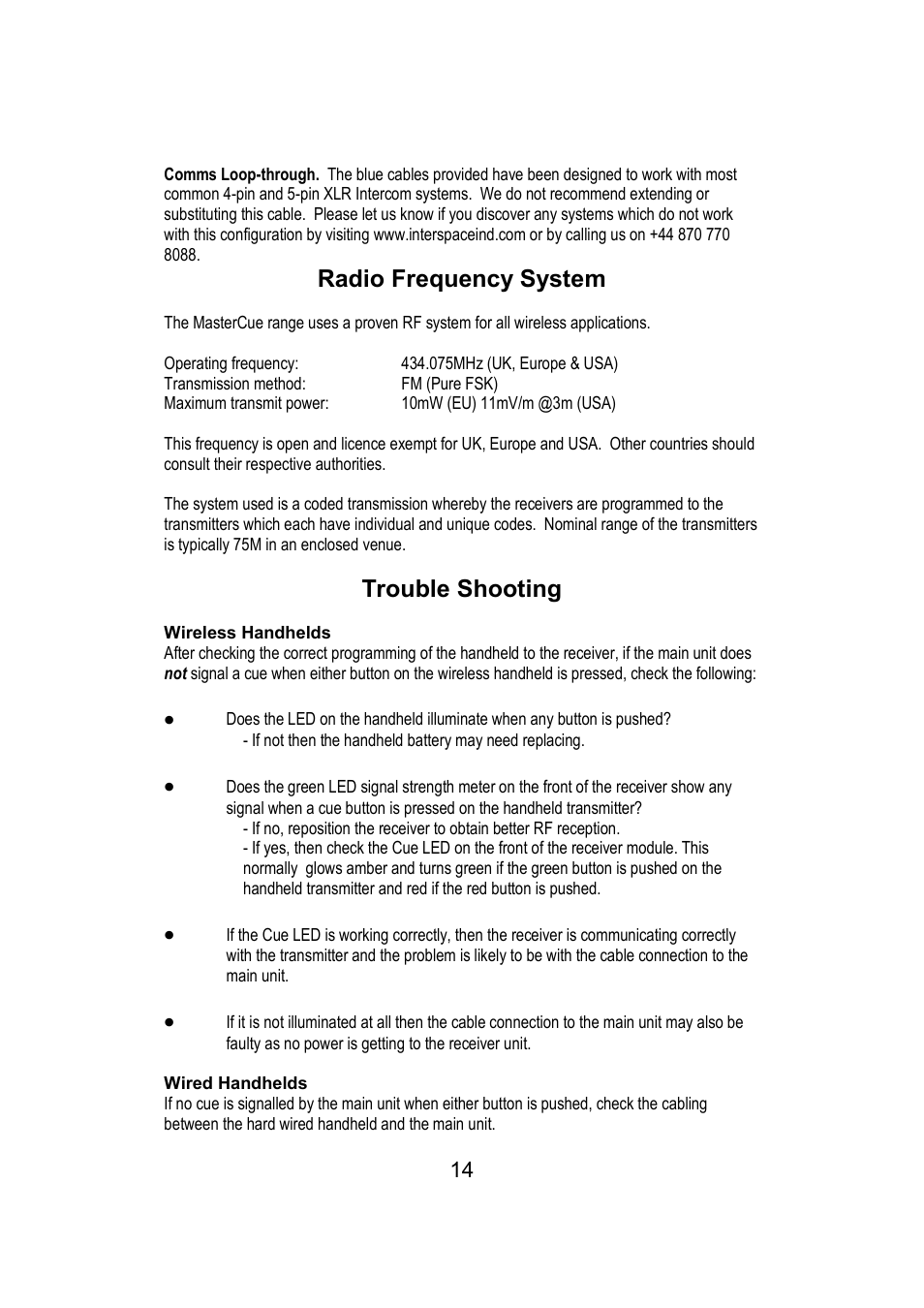 Radio frequency system, Trouble shooting | Interspace Industries MasterCue V6 System User Manual | Page 14 / 16