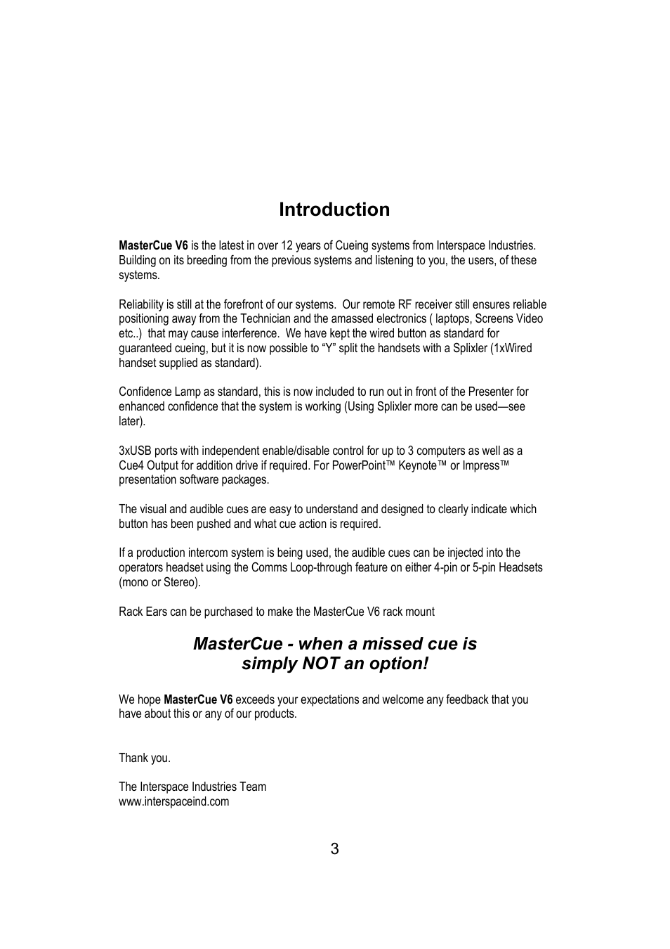 Introduction | Interspace Industries MasterCue V6 System User Manual | Page 3 / 16