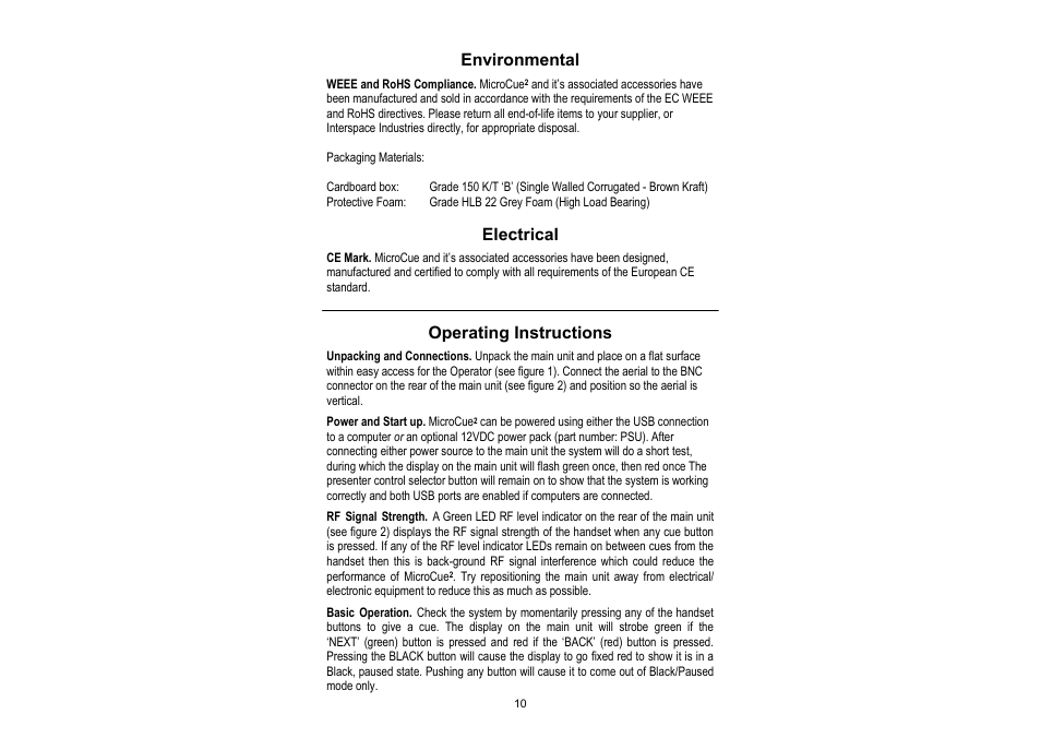 Environmental, Electrical, Operating instructions | Interspace Industries MicroCue2 User Manual | Page 10 / 16