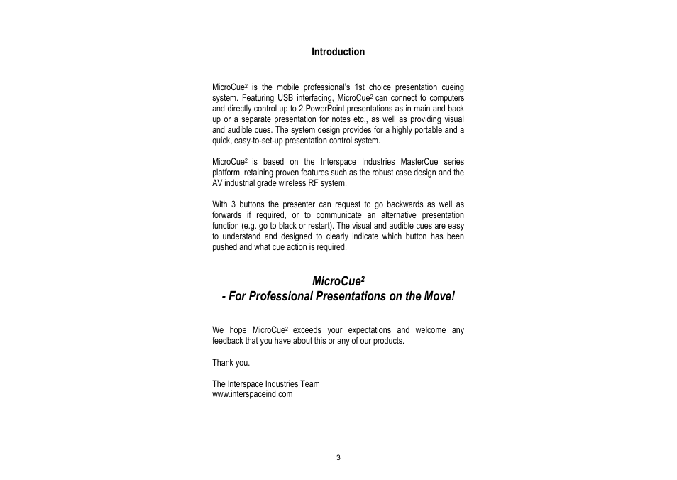 Microcue, For professional presentations on the move | Interspace Industries MicroCue2 User Manual | Page 3 / 16