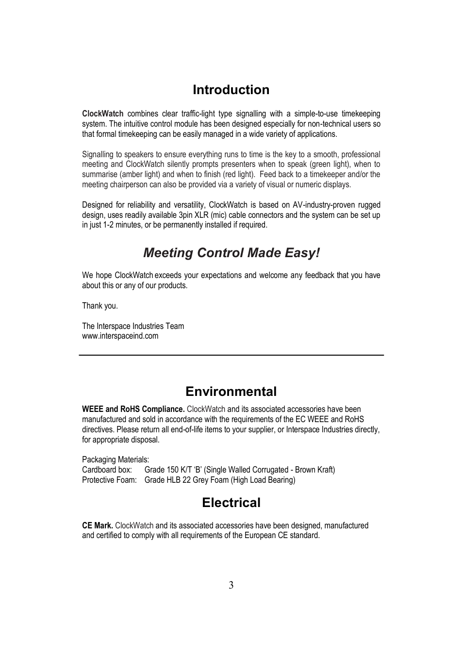 Introduction, Meeting control made easy, Environmental | Electrical | Interspace Industries ClockWatch User Manual | Page 3 / 8