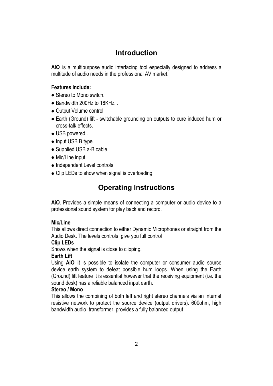 Introduction, Operating instructions | Interspace Industries AiO User Manual | Page 2 / 4