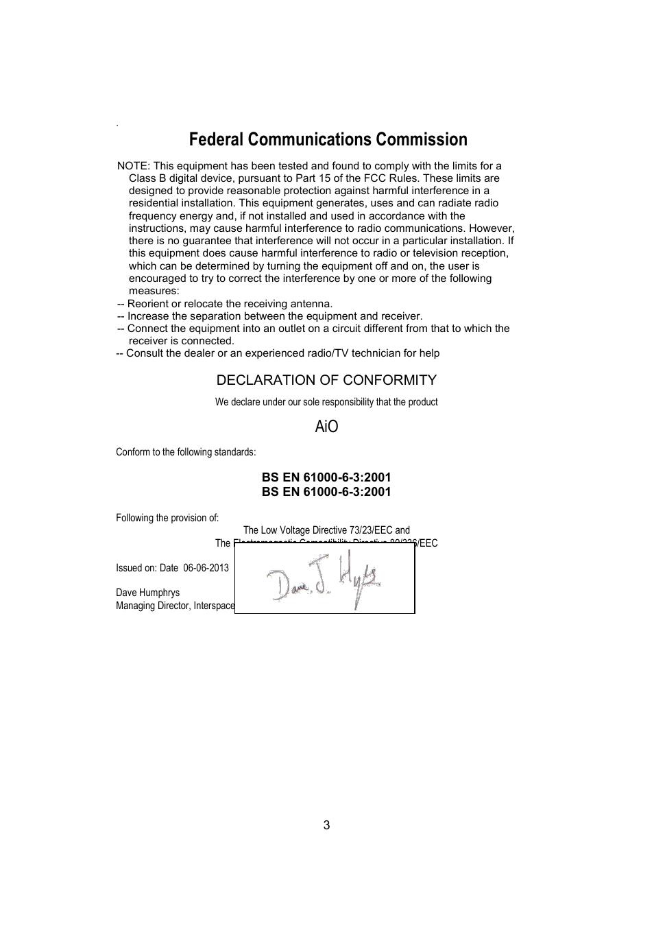 Federal communications commission, Declaration of conformity | Interspace Industries AiO User Manual | Page 3 / 4