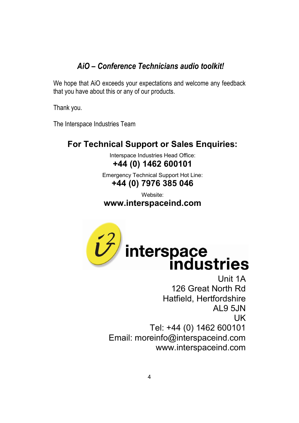 Aio – conference technicians audio toolkit | Interspace Industries AiO User Manual | Page 4 / 4