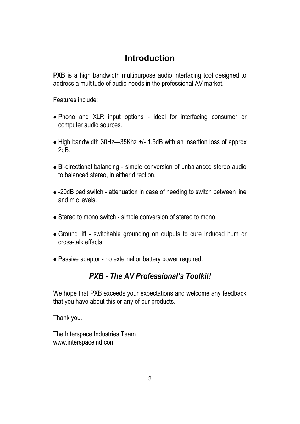Introduction, Pxb - the av professional’s toolkit | Interspace Industries Phono to XLR Balancing Box - PXB User Manual | Page 3 / 8