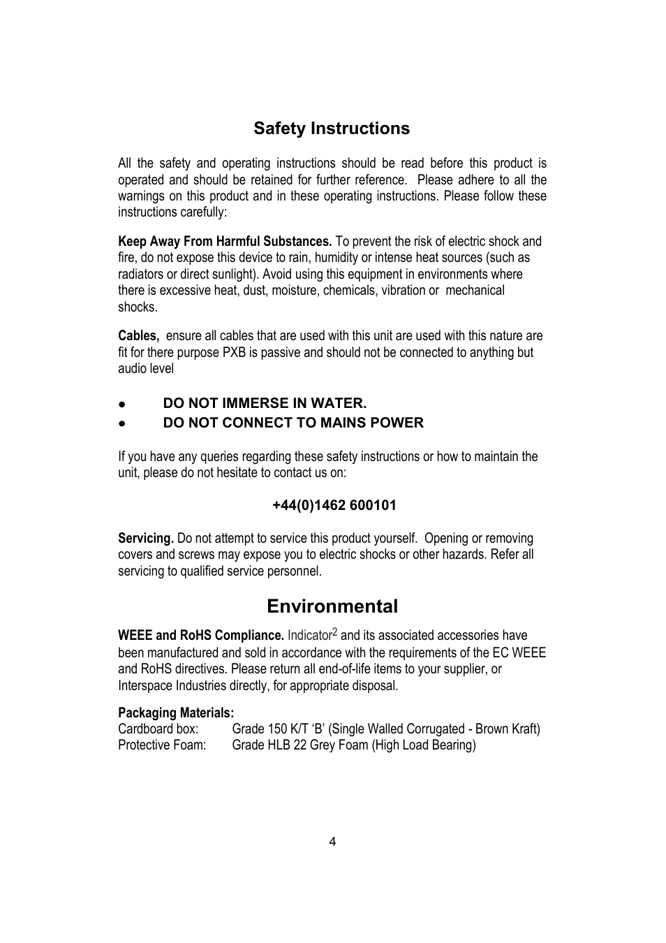 Environmental, Safety instructions | Interspace Industries Phono to XLR Balancing Box - PXB User Manual | Page 4 / 8