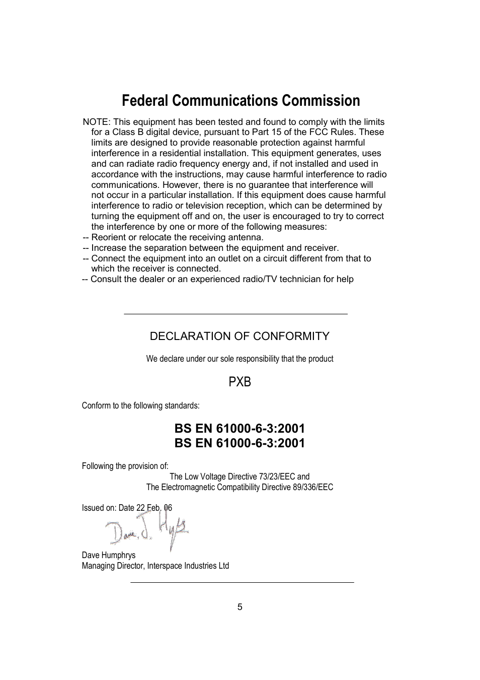 Federal communications commission | Interspace Industries Phono to XLR Balancing Box - PXB User Manual | Page 5 / 8