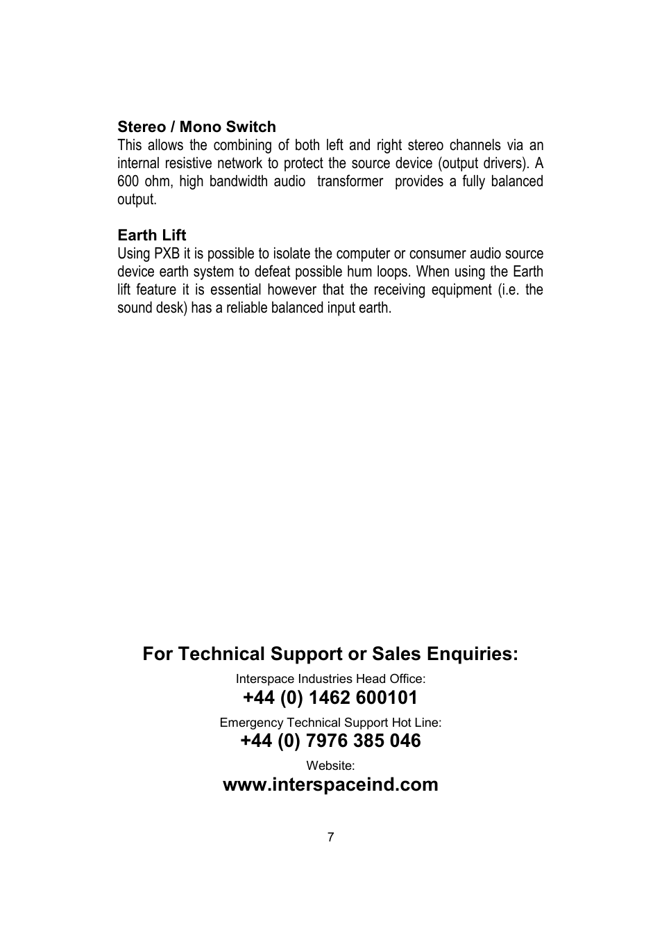 For technical support or sales enquiries | Interspace Industries Phono to XLR Balancing Box - PXB User Manual | Page 7 / 8