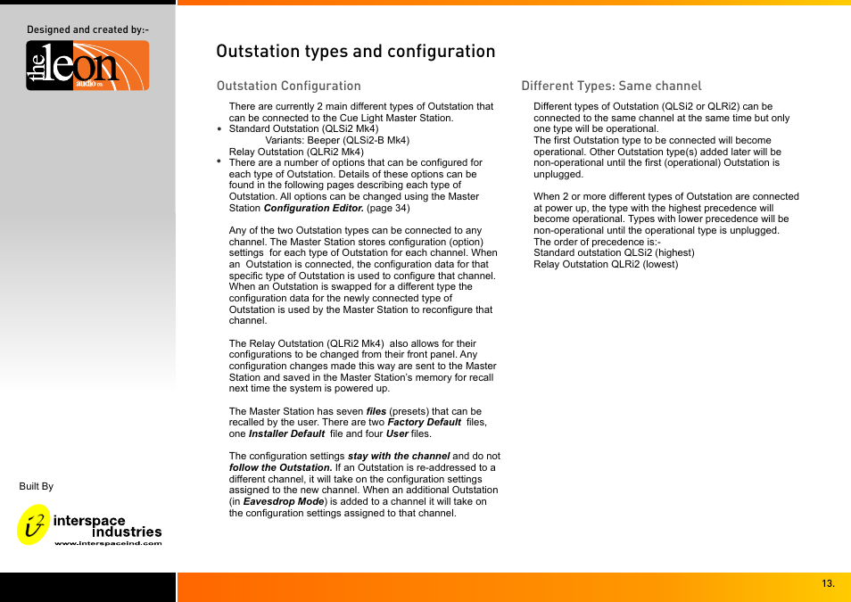 Outstation types and configuration | Interspace Industries TheatreCue 16 Way V4 System - 16 Outstations User Manual | Page 13 / 50