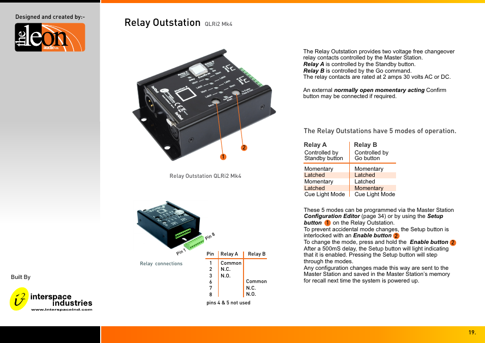 Relay outstation | Interspace Industries TheatreCue 16 Way V4 System - 16 Outstations User Manual | Page 19 / 50