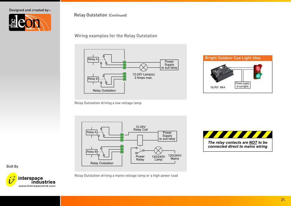 Wiring examples for the relay outstation, Relay outstation | Interspace Industries TheatreCue 16 Way V4 System - 16 Outstations User Manual | Page 21 / 50