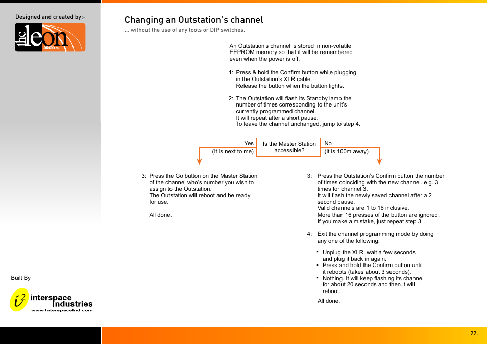 Changing an outstation’s channel | Interspace Industries TheatreCue 16 Way V4 System - 16 Outstations User Manual | Page 22 / 50