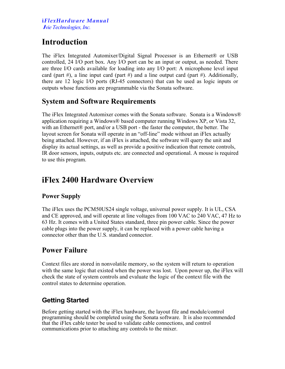 Introduction, Iflex 2400 hardware overview, System and software requirements | Power failure | Ivie iFlex 2400 Series User Manual | Page 2 / 6