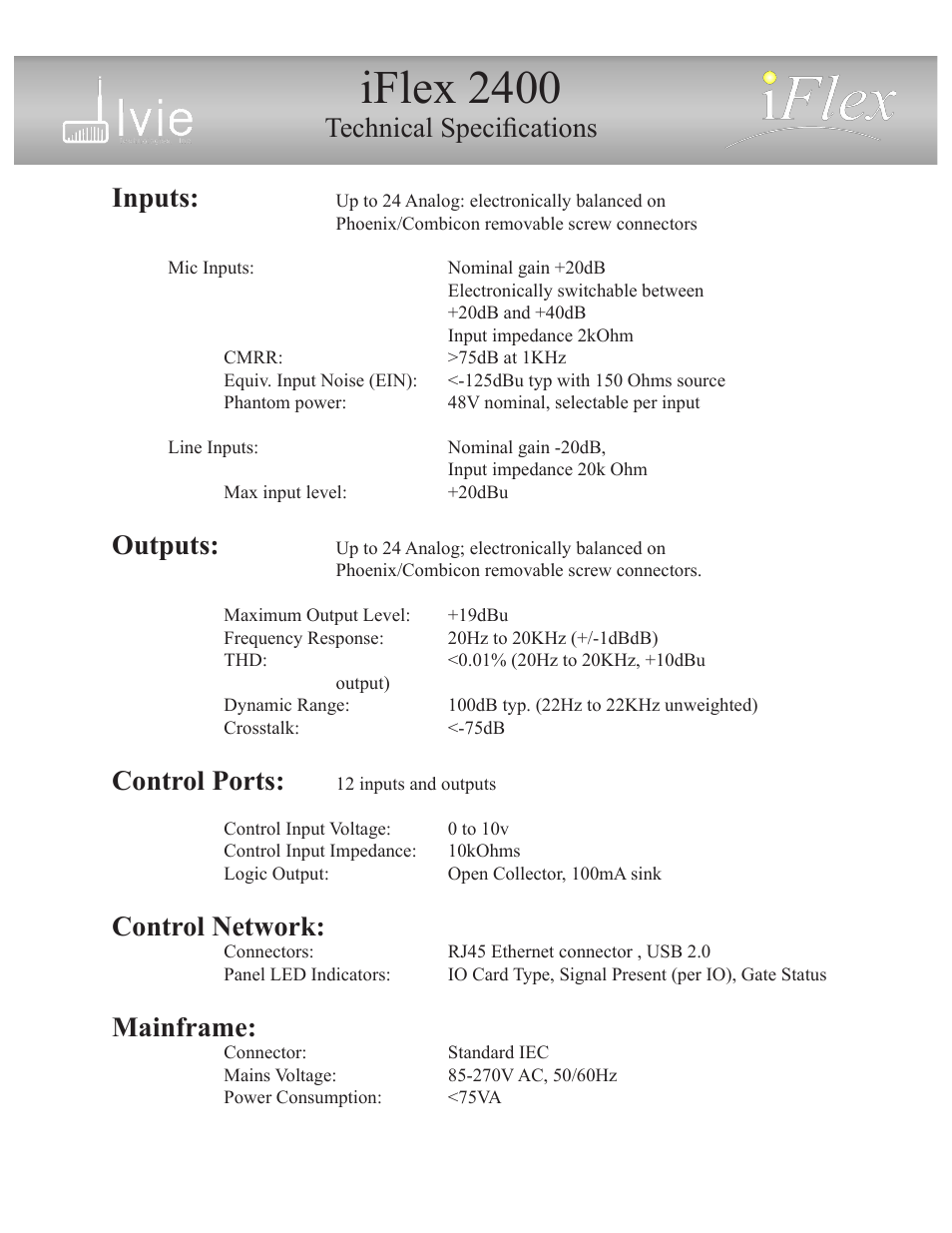 Iflex 2400, Technical specifications inputs, Outputs | Control ports, Control network, Mainframe | Ivie iFlex 2400 Series User Manual | Page 6 / 6
