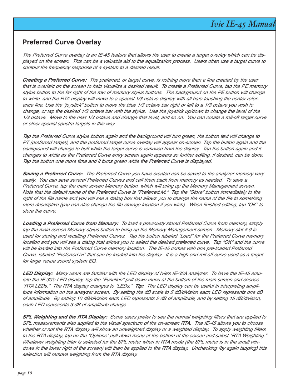 Ivie ie-45 manual, Pref. curve, led display, weighting, Preferred curve overlay | Ivie IE-45 RTA - Real Time Analysis User Manual | Page 10 / 48