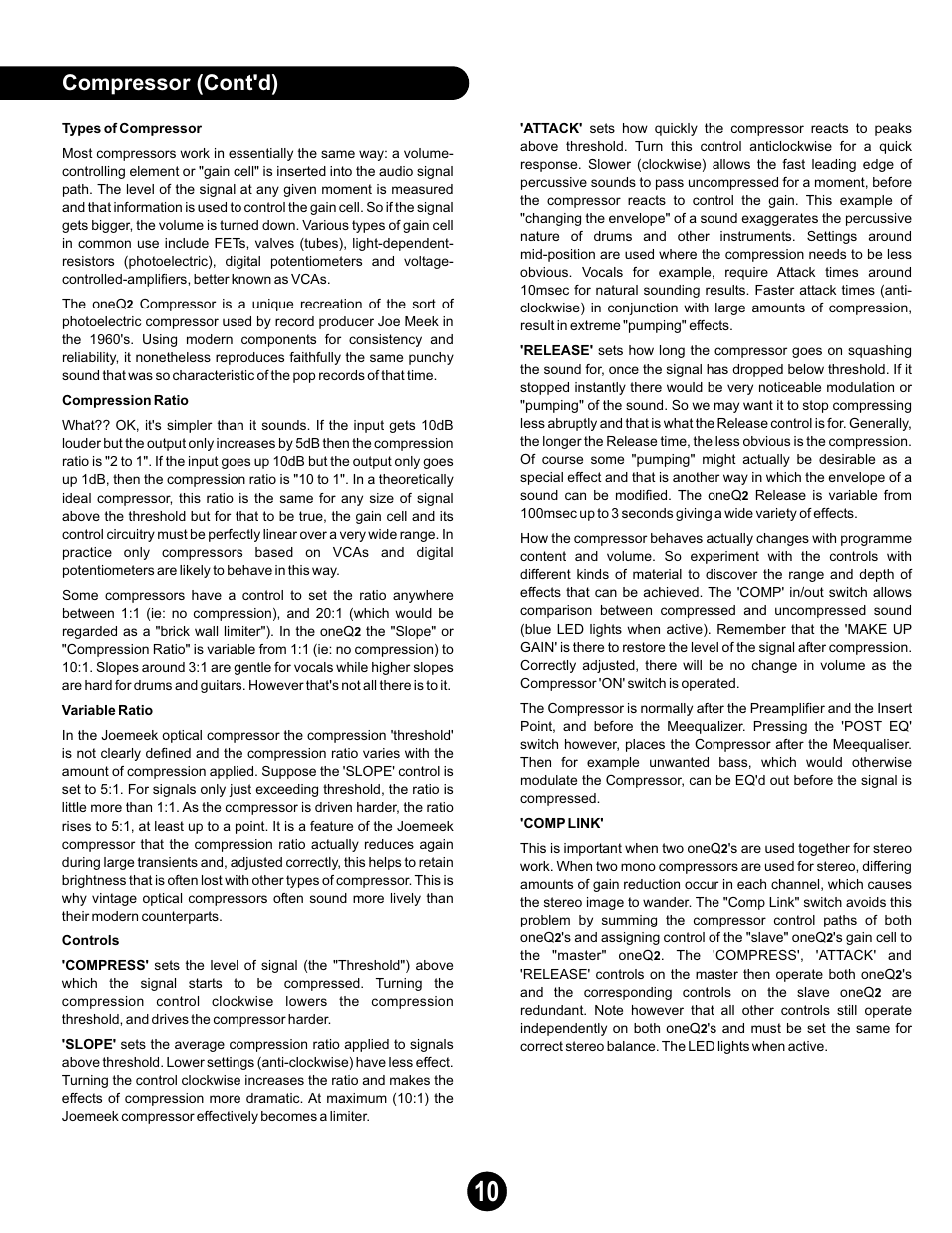 Compressor (cont'd) | Joemeek oneQ2 Master Channel User Manual | Page 10 / 15