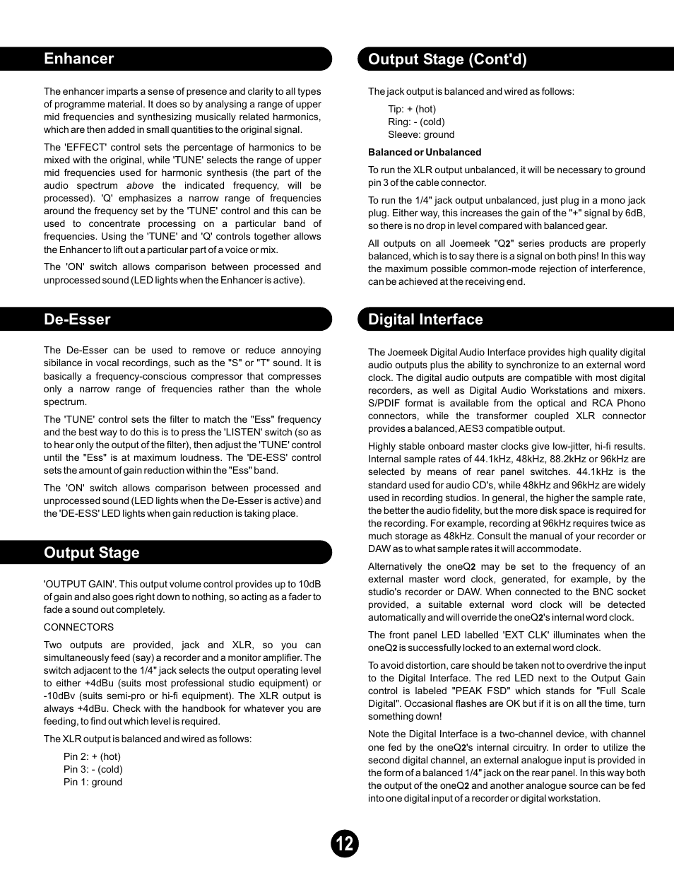 Enhancer output stage output stage (cont'd), Digital interface de-esser | Joemeek oneQ2 Master Channel User Manual | Page 12 / 15
