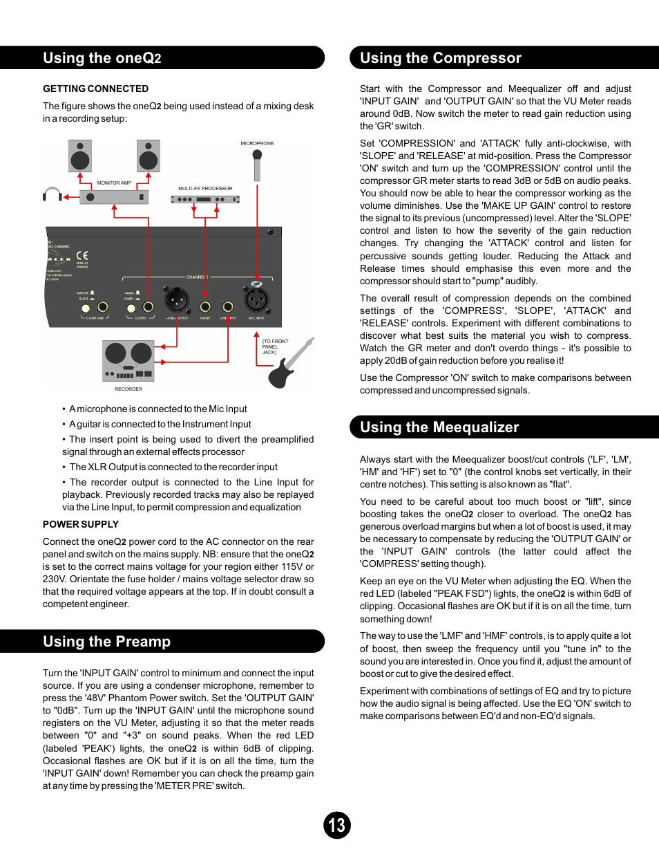 Using the oneq, Using the preamp, Using the compressor using the meequalizer | Joemeek oneQ2 Master Channel User Manual | Page 13 / 15