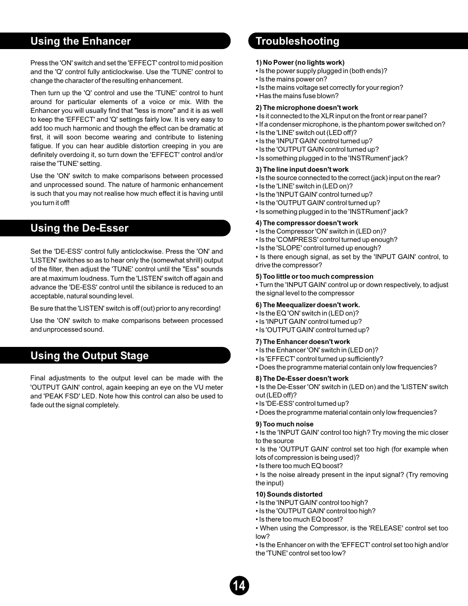 Troubleshooting | Joemeek oneQ2 Master Channel User Manual | Page 14 / 15