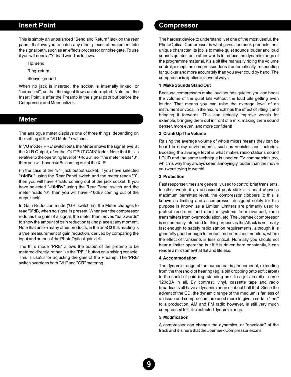 Insert point meter compressor | Joemeek oneQ2 Master Channel User Manual | Page 9 / 15