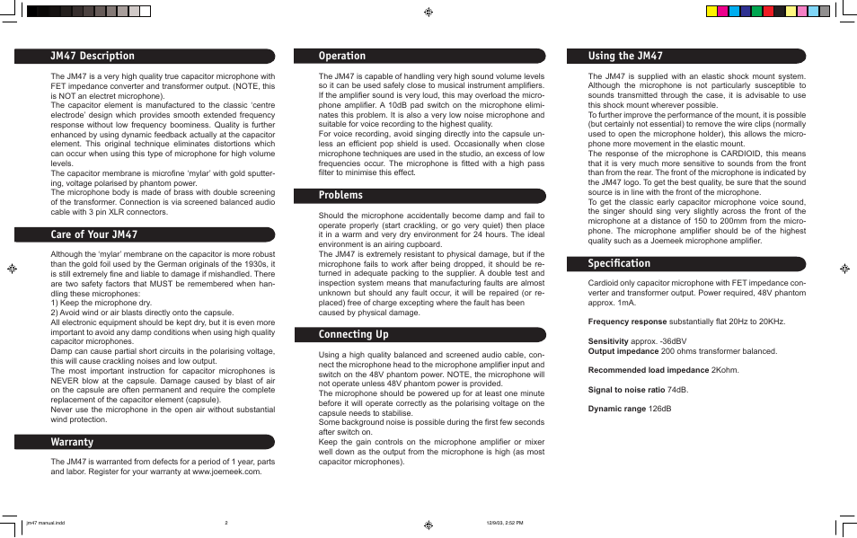 Jm47 description, Care of your jm47, Warranty | Operation, Problems, Connecting up, Warranty using the jm47, Specification | Joemeek twinQ2 Dual Studio Channel User Manual | Page 2 / 2