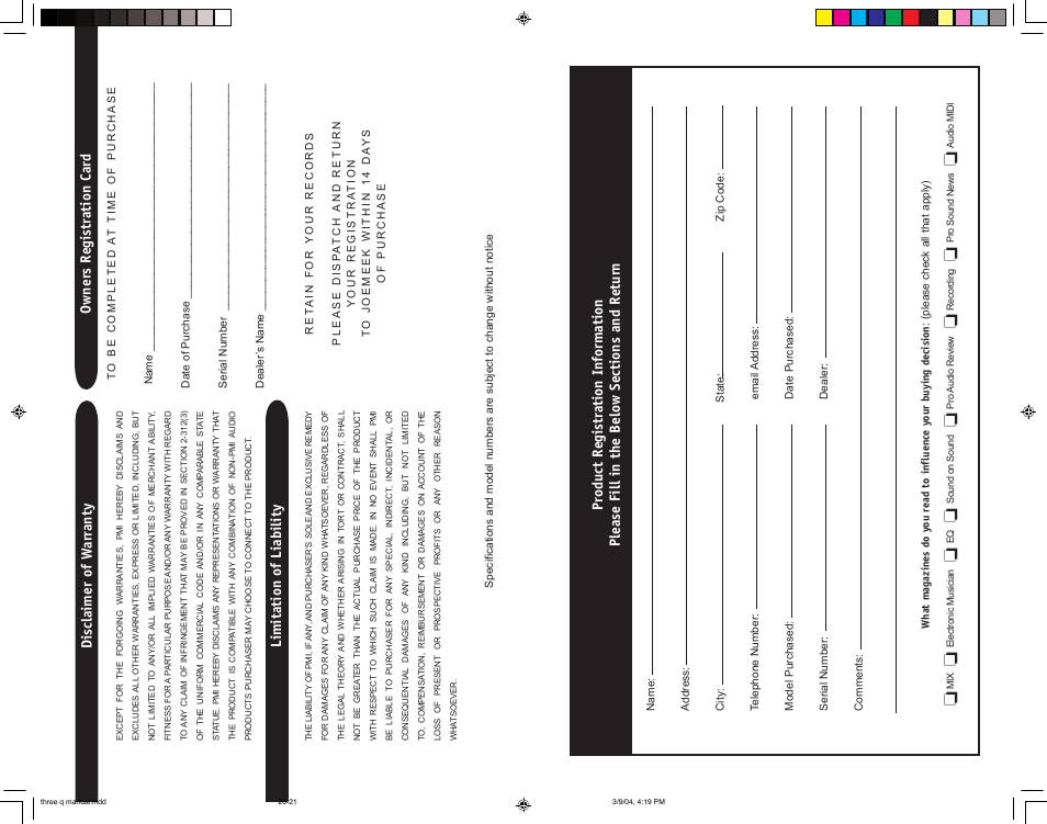 Disclaimer of w arr anty, Limitation of liability, Owner s registr ation car d | Joemeek three Q Desktop Channel User Manual | Page 10 / 10
